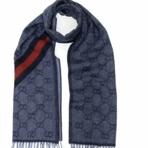 Gucci Unisex Nikky Wool Alpaca Monogram Web Blue Scarf - Picture 4 of 7